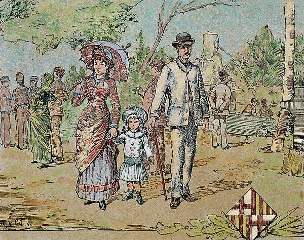 Family walking. Barcelona. Catalonia. Spain. 1885