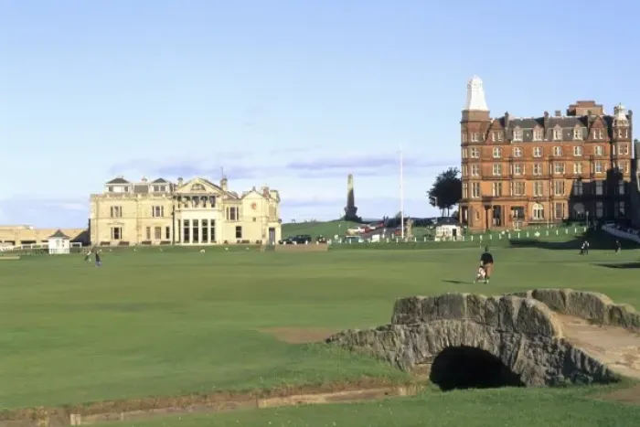 Framed Print : Famous 18th Hole and fairway at Swilken Bridge Golf at World Famous St Andrews Old Framed Print : Famous 18th Hole and fairway at Swilken Bridge Golf at World Famous St Andrews Old