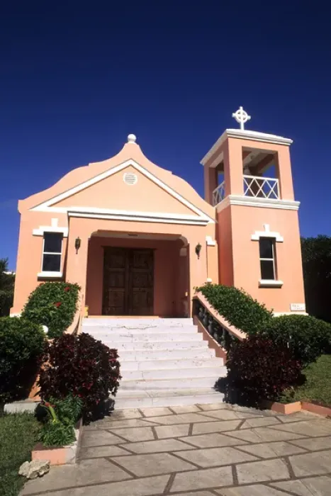 Framed Print : Famous colorful pastel architecture of First Nazarene Church in Bermuda Framed Print : Famous colorful pastel architecture of First Nazarene Church in Bermuda