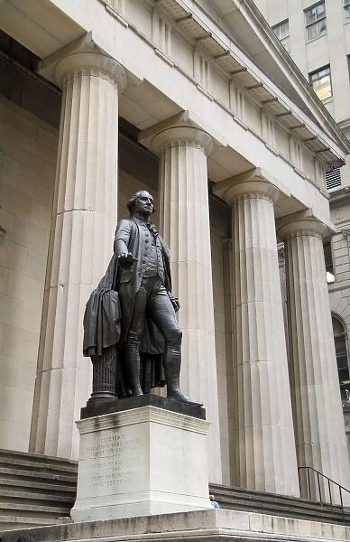 Front of famous George Washington statue at Federal Hall in New York City Wall Street