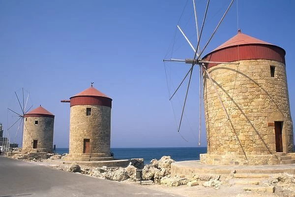 Famous old windmills of Rhodes Greece