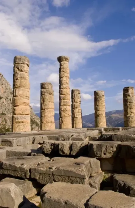Framed Print : Famous ruins of the Temple of Apollo in the historical town of Delphi, Greece