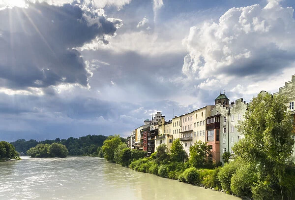 The famous waterfront and river Inn. The medieval old town of Wasserburg am Inn in