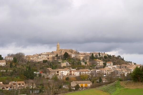Fanjeaux hilltop village with church. Languedoc France Europe