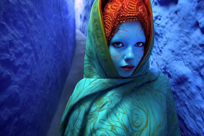 Framed Print : Fantasy of blue-faced woman in blue alleyway in Chefchaouen, Morocco. ©Jim Zuckerman / Jaynes Gallery / DanitaDelimont.com Framed Print : Fantasy of blue-faced woman in blue alleyway in Chefchaouen, Morocco. ©Jim Zuckerman / Jaynes Gallery / DanitaDelimont.com