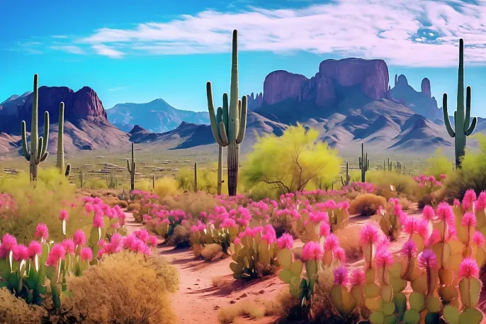 Framed Print : Fantasy of desert cacti and colorful flowers. (AI Generated) Framed Print : Fantasy of desert cacti and colorful flowers. (AI Generated)