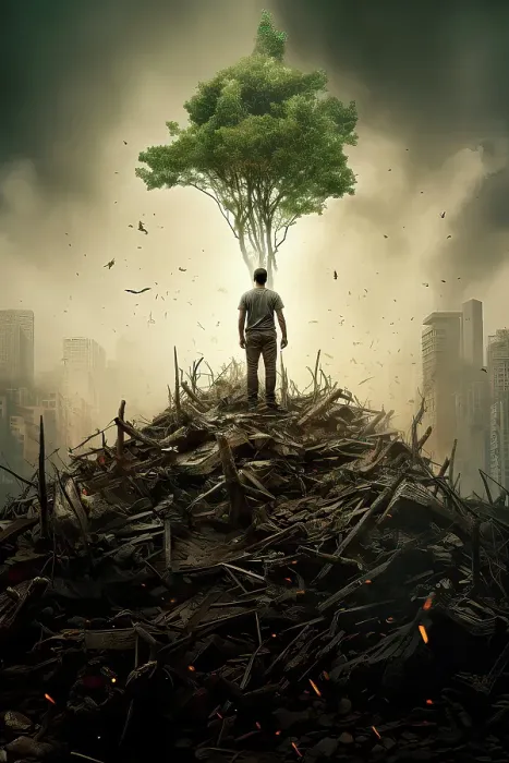 Framed Print : Fantasy of man on wreckage heap facing tree and survival. ©Jim Zuckerman / Jaynes Gallery / DanitaDelimont.com Framed Print : Fantasy of man on wreckage heap facing tree and survival. ©Jim Zuckerman / Jaynes Gallery / DanitaDelimont.com