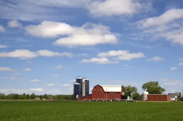 Framed Print : Farm surrounded by green unripe wheat at St. Louis, Michigan. PR