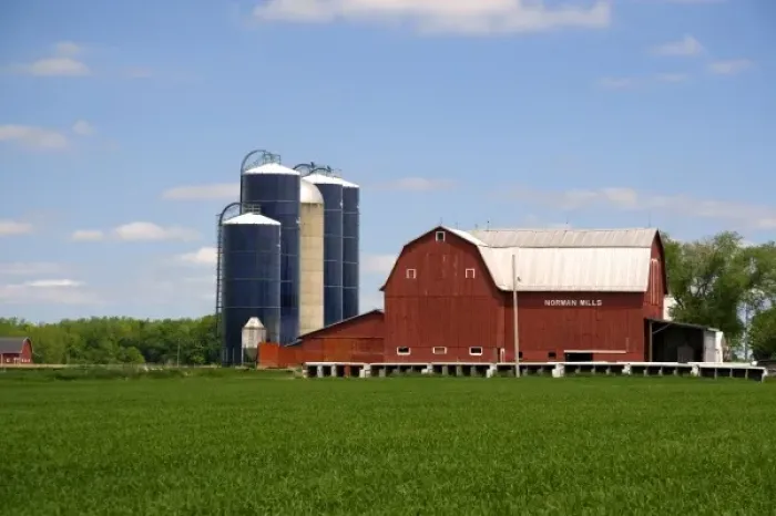 Framed Print : Farm surrounded by green unripe wheat at St. Louis, Michigan. PR