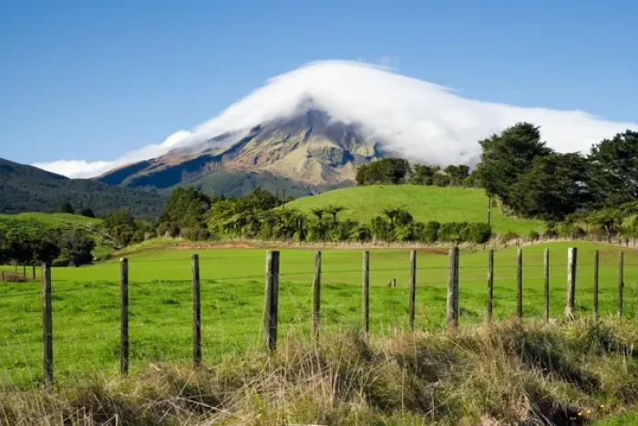 Framed Print : Farmland and Mt Taranaki  /  Egmont, Taranaki, North Island, New Zealand