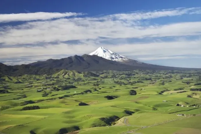 Framed Print : Farmland near Okato, and Mt Taranaki  /  Mt Egmont, Taranaki, North Island, New Zealand