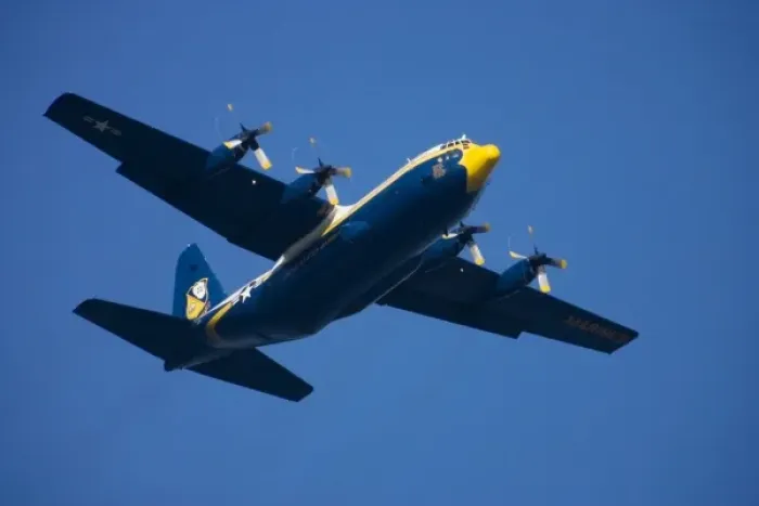 Framed Print : Fat Albert flyby kicks-off the Blue Angels performance at in San Francisco