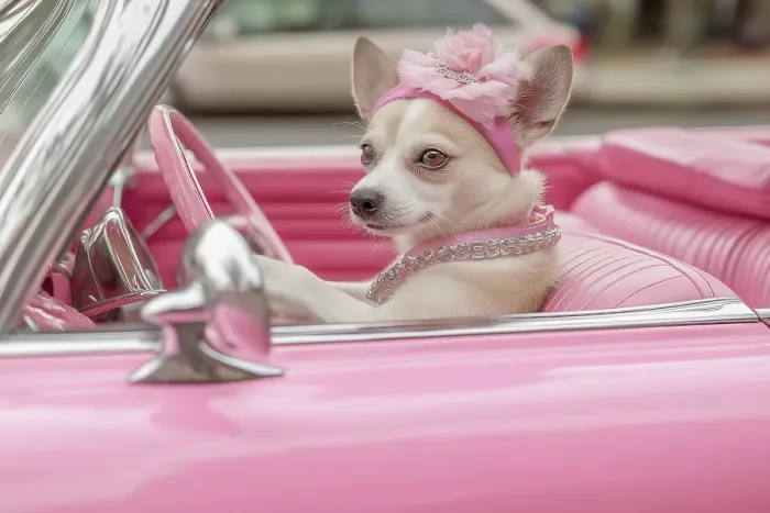 Framed Print : Female dog driving pink convertible auto. (AI Generated) Framed Print : Female dog driving pink convertible auto. (AI Generated)