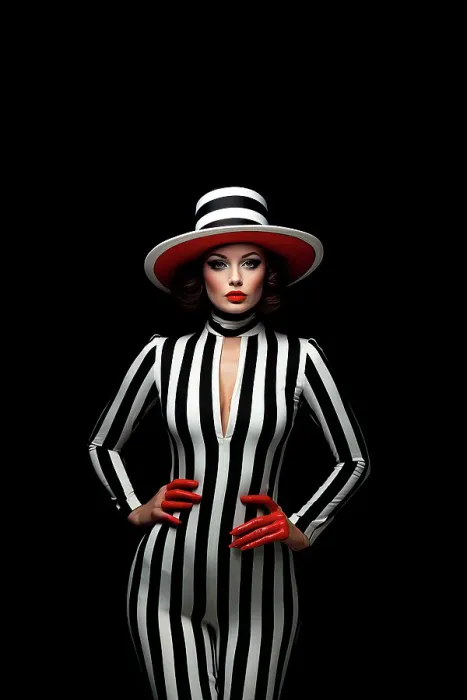Framed Print : Female fashion model in black, white, and red. ©Jim Zuckerman  /  Jaynes Gallery  /  DanitaDelimont.com (AI)