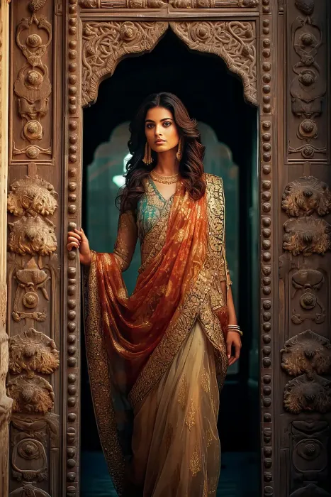 Framed Print : Female Indian model in sari. ©Jim Zuckerman  /  Jaynes Gallery  /  DanitaDelimont.com (AI)