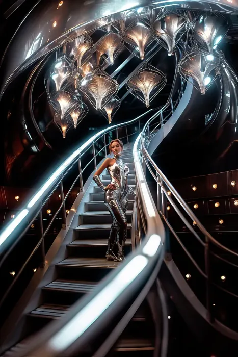 Framed Print : Female model on chrome staircase. ©Jim Zuckerman  /  Jaynes Gallery  /  DanitaDelimont.com
