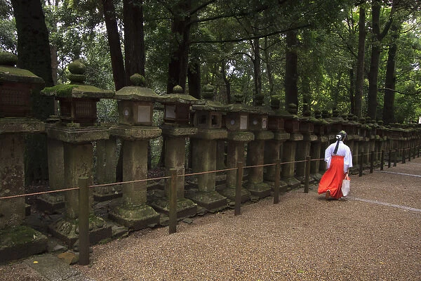 A female shrine attendant walks past a long row of decorative stone lanterns at Kasuga