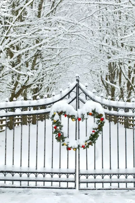 Framed Print : Fence line and fresh snow with trees line lane and metal gate with Christmas wreath Framed Print : Fence line and fresh snow with trees line lane and metal gate with Christmas wreath