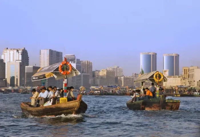 Framed Print : Ferry boats and skyline along Khor Dubai (Dubai Creek), Dubai, UAE