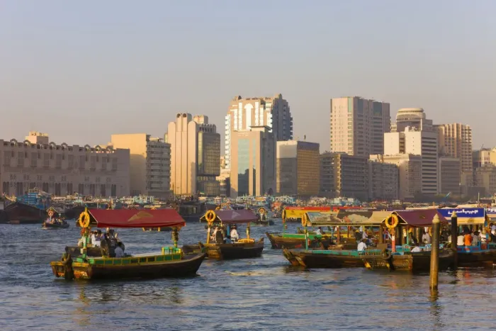 Framed Print : Ferry boats and skyline along Khor Dubai (Dubai Creek), Dubai, UAE Framed Print : Ferry boats and skyline along Khor Dubai (Dubai Creek), Dubai, UAE