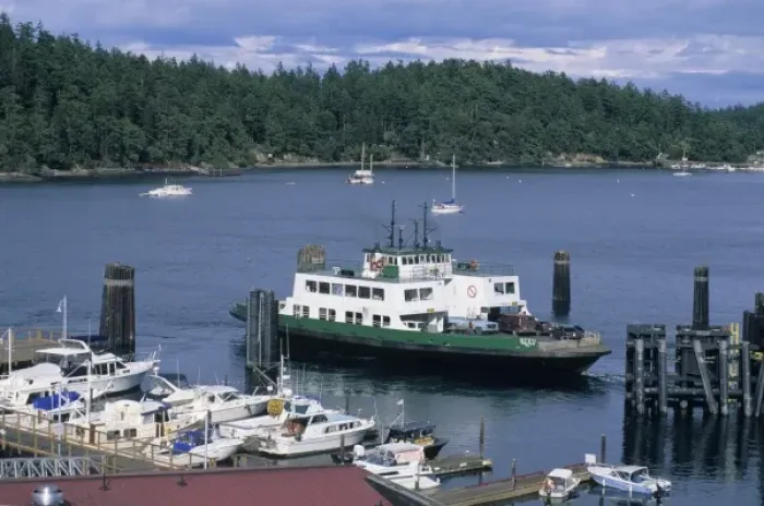 Framed Print : Ferry in harbor, Friday Harbor, San Juan Island, San Juan Islands, Puget Sound, Washington