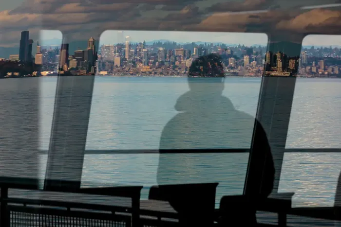 Framed Print : Ferry window views of the Seattle waterfront, Washington State, USA Framed Print : Ferry window views of the Seattle waterfront, Washington State, USA