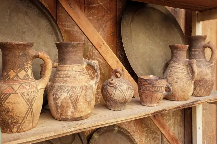 Framed Print : Fes, Morocco. Antique clay jugs on a shelf