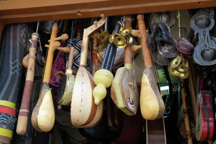 Framed Print : Fes, Morocco. Traditional musical instruments for sale at a music shop in the medina
