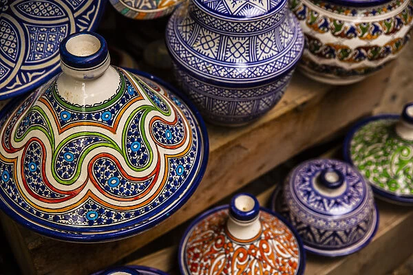 Fez, Morocco. Colorful pottery tagines, tajines