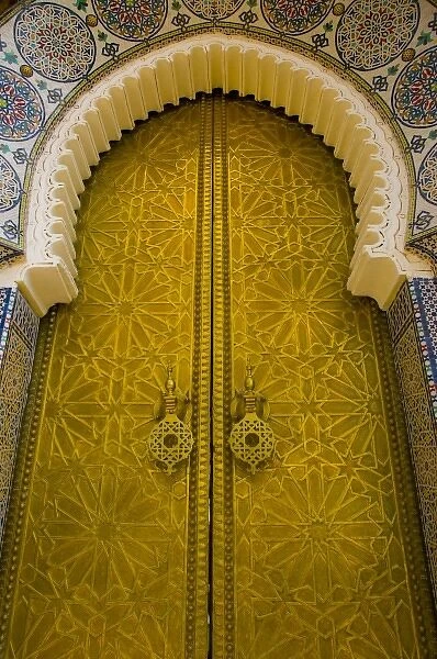 Fez Morocco decorative golden door to the Royal Palace in the Fez El-Jdid