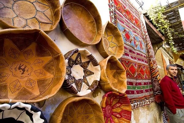 Fez Morocco leather baskets & Oriental carpet and proprietor in the old medina
