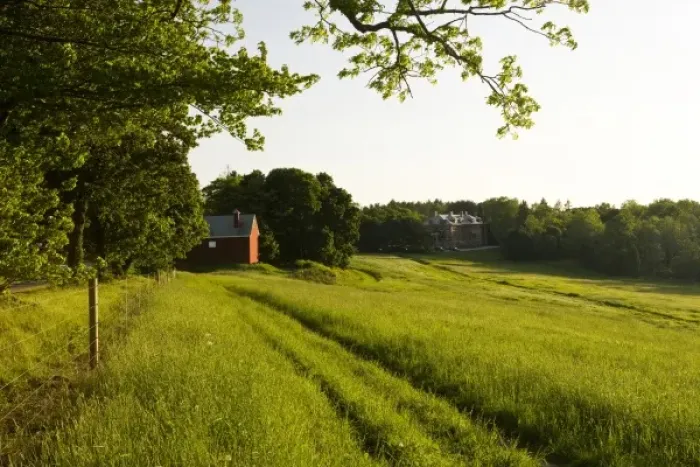 Framed Print : A field and barn at Tufts School of Vet Medicine. Grafton, Massachusetts