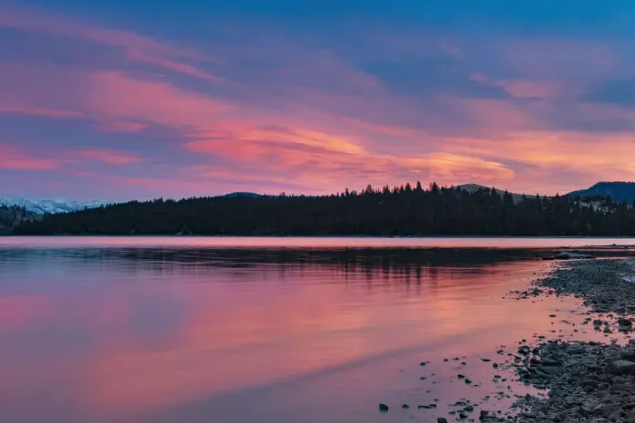 Framed Print : Fiery sunset clouds over Flathead Lake in Dayton, Montana, USA