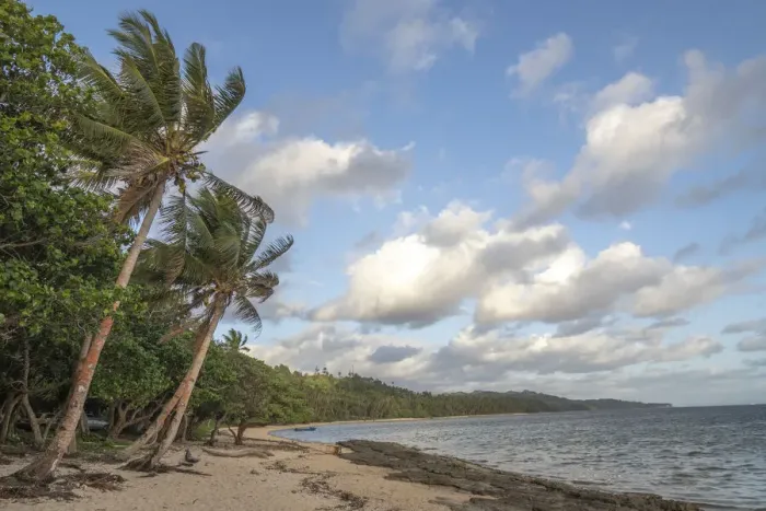 Framed Print : Fiji, Viti Levu. Beach with palm trees and white clouds Framed Print : Fiji, Viti Levu. Beach with palm trees and white clouds