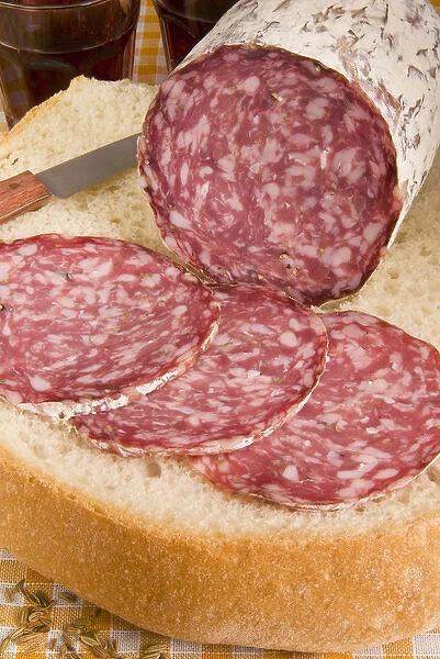 Finocchiona, Tuscan salami with fennel seeds, Tuscany, Italy, Tuscan gastronomy