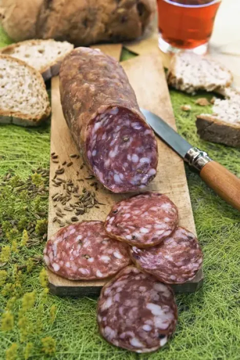 Framed Print : Finocchiona, tuscan salami with wild fennel seeds (Foeniculum vulgare), Florence Framed Print : Finocchiona, tuscan salami with wild fennel seeds (Foeniculum vulgare), Florence