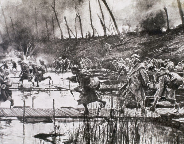 FIRST WORLD WAR (1914-1918). French army crosses the river Isere on improvised gateways