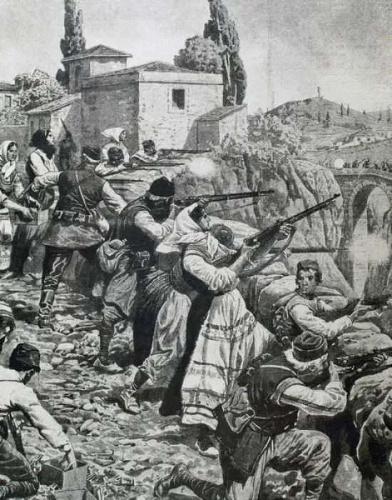 Framed Print : FIRST WORLD WAR (1914-1918). Inhabitants of town of Serbia fight against austrian troops (1914)