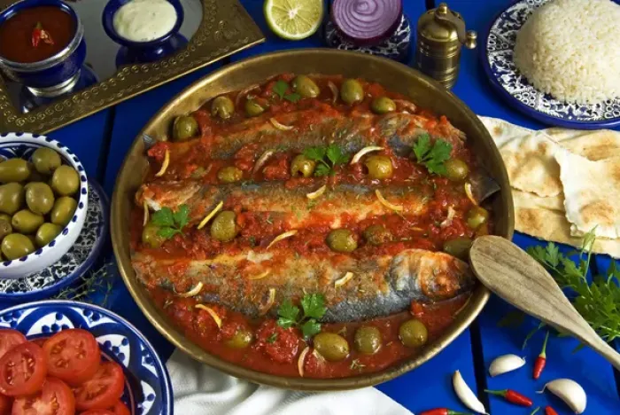 Framed Print : Fish egyptian style, Arabic countries, Arabic gastronomy, Egypt, North Africa, Africa