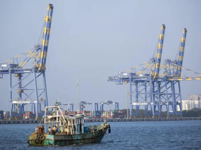 Framed Print : Fishing boat and crane at Cochin, Kerala, India