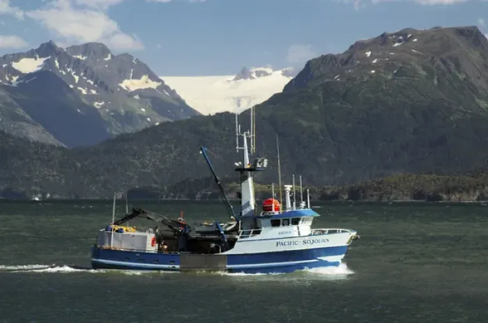 Framed Print : Fishing Boat in Kachemak Bay; Homer; Alaska; USA; with Kenai Mountains in the Background