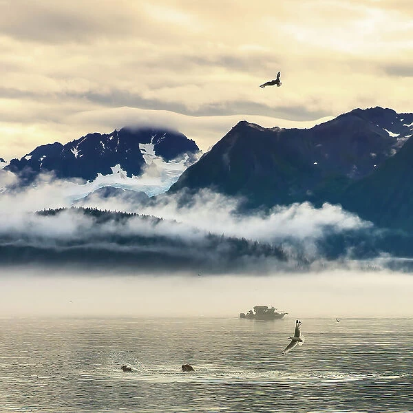 Fishing boat in Kenai Peninsula surrounded by mountains and wildlife