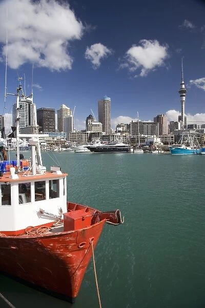 Fishing Boat, Skytower, Central Business District and Viaduct Basin, Auckland, North Island, New Zealand