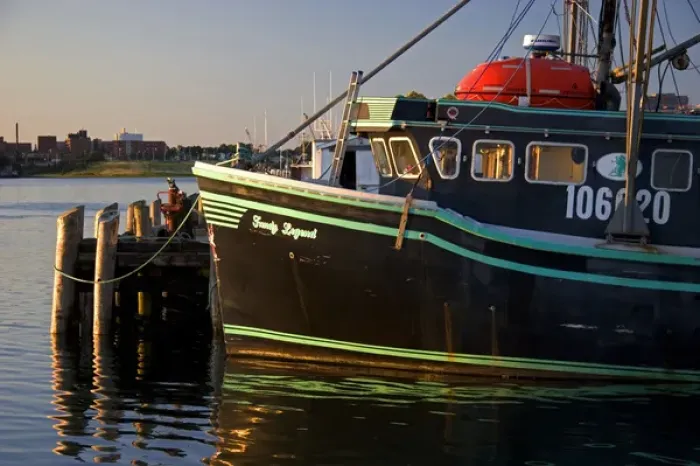 Framed Print : Fishing boat at sunset docked at Yarmouth, Nova Scotia, Canada. canada, canadian