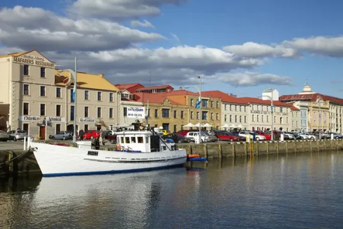 Framed Print : Fishing Boat, Victoria Dock, and Historic Buildings, Hunter Street, Hobart, Tasmania