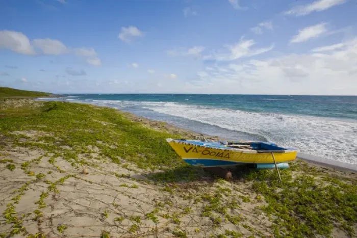 Framed Print : Fishing boat on Windward Beach, Nevis Framed Print : Fishing boat on Windward Beach, Nevis