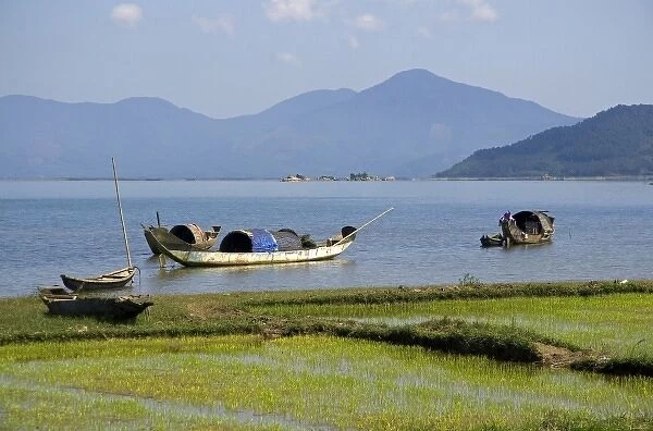 Fishing boats in the bay along National Road 1A south of Phu Bai, Vietnam