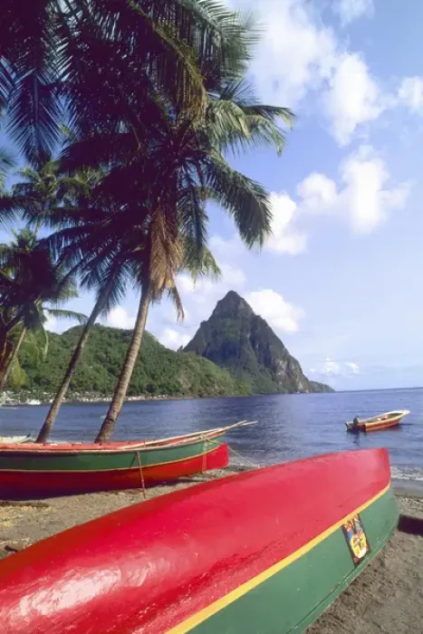 Framed Print : Fishing Boats in front of the famous Pitons in St. Lucia Framed Print : Fishing Boats in front of the famous Pitons in St. Lucia