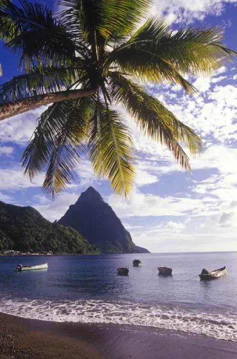 Framed Print : Fishing boats and Petit Piton, Souffriere, St Lucia, Caribbean