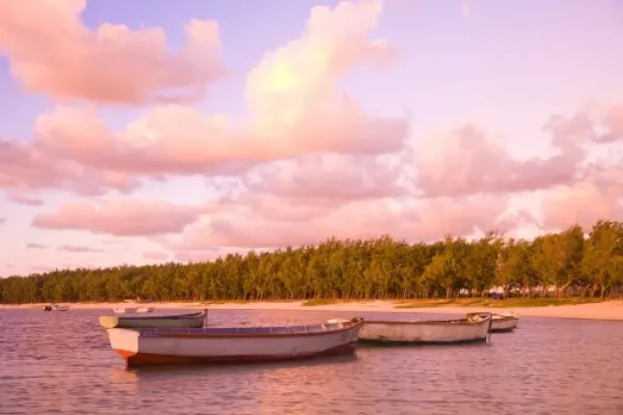 Framed Print : Fishing boats at sunrise, Belle Mare Public Beach, Southeast Mauritius, Africa